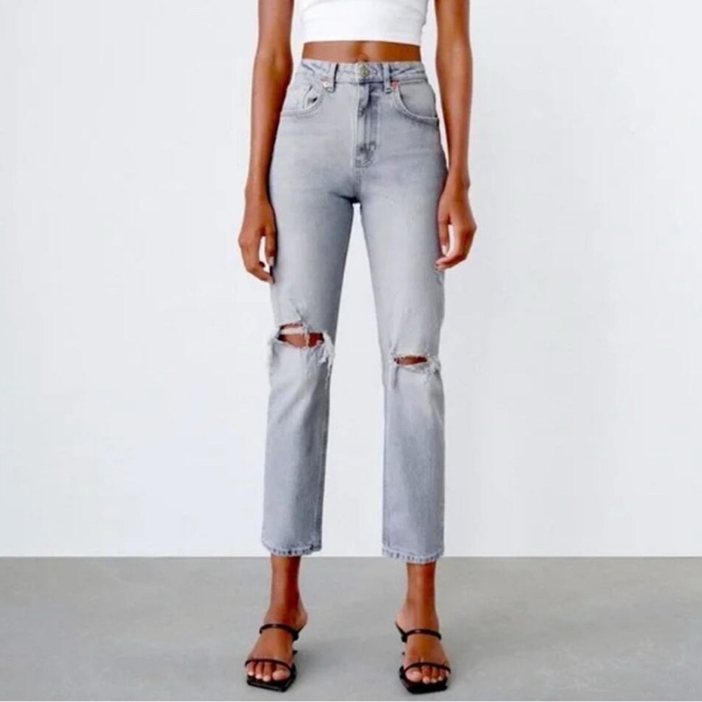 ZARA SLIM FIT HI RISED RIPPED JEANS